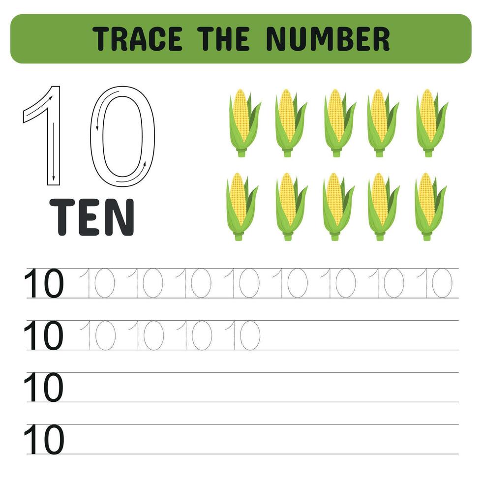 Trace the number. Learning the number 10 with corn. Educational children's game, printable worksheet. illustration vector