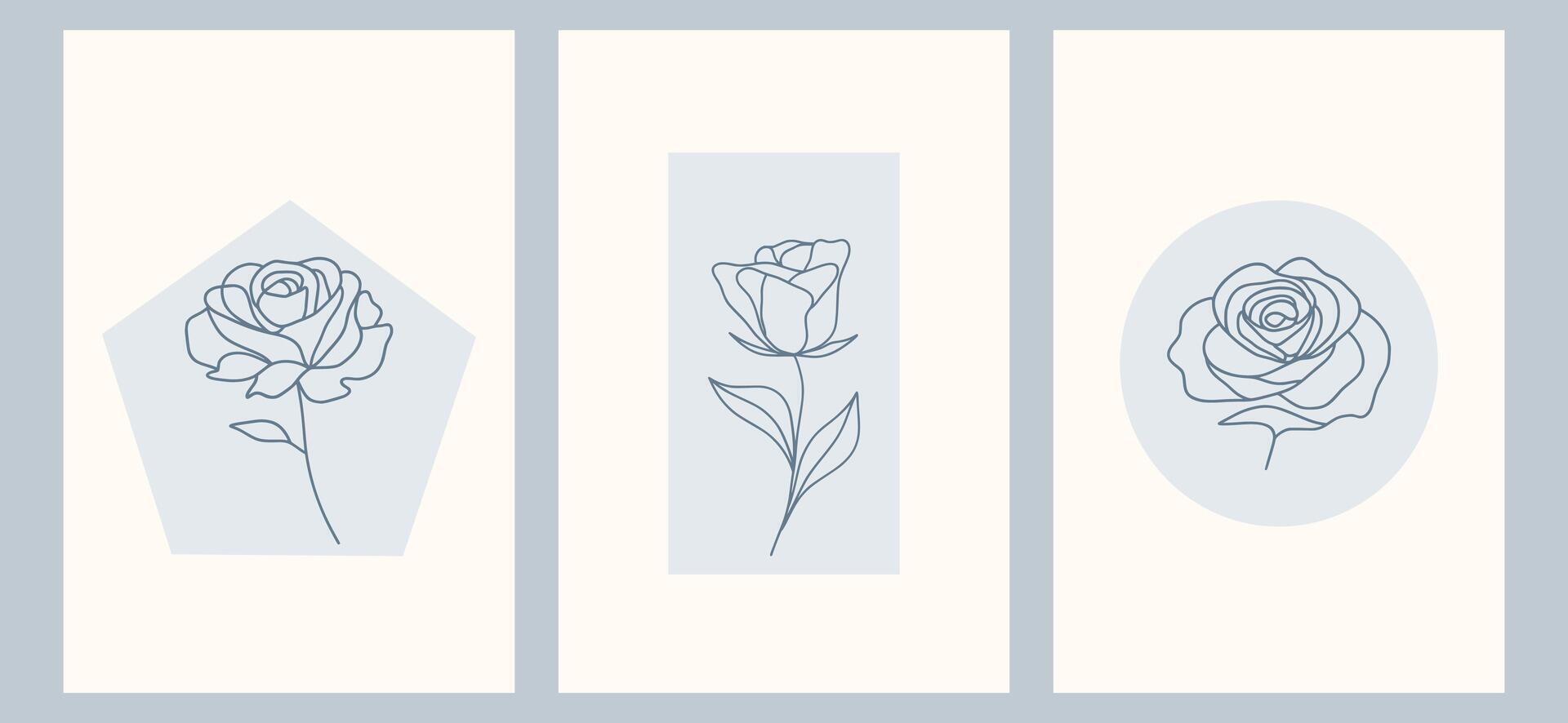 Set of three minimalist roses illustrations with simple. Each design features a unique geometric shape background in soft, neutral tones, creating a modern and elegant look. Greeting card and poster vector