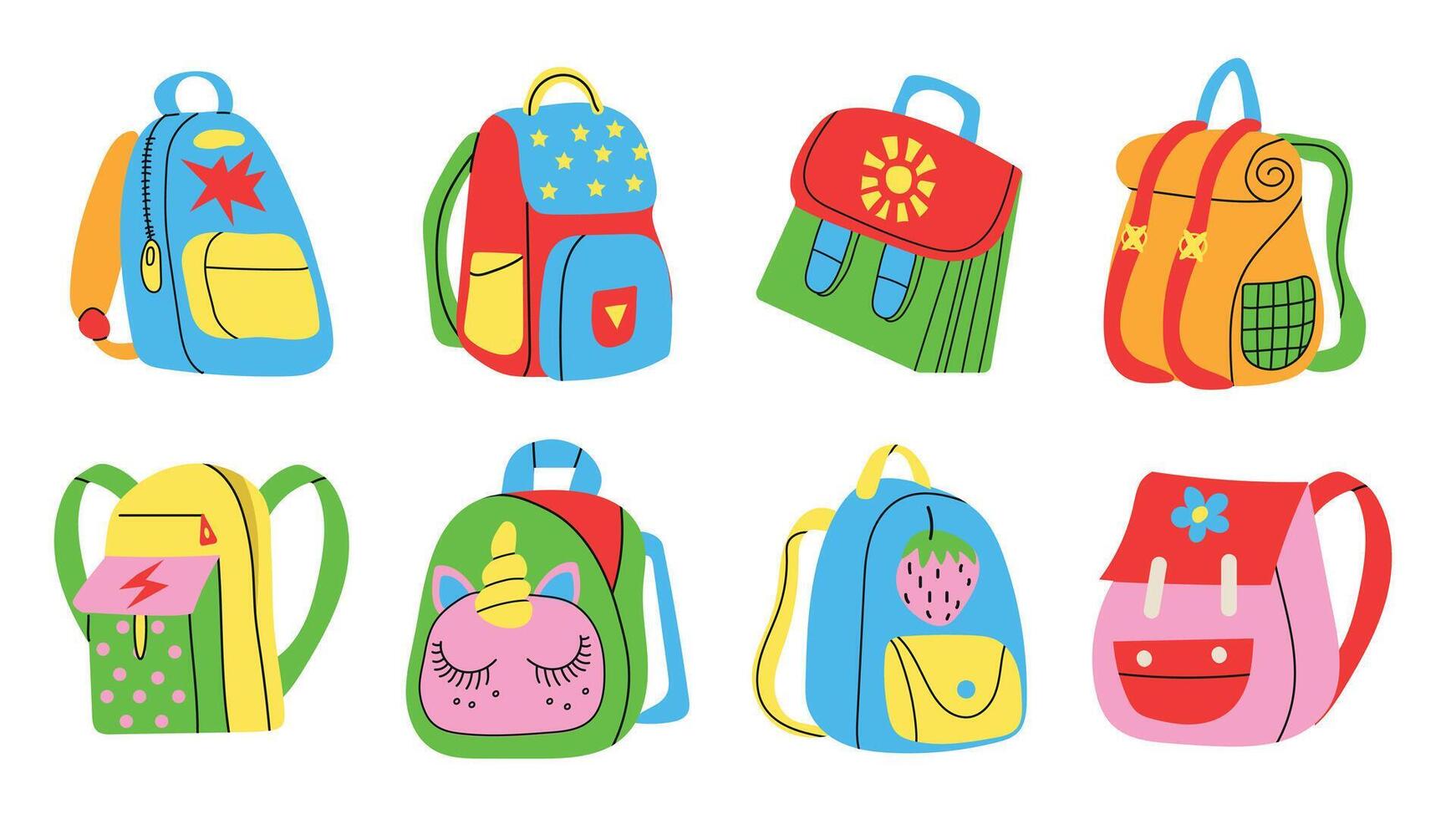 Set of different school backpack and schoolbag. Back to school. Collection of various kids bags isolated on white background. Modern flat style. vector