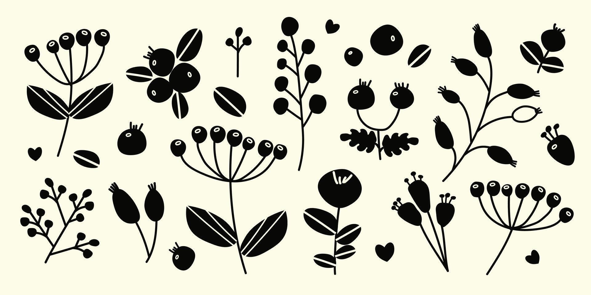 Berries set, simple branches. Black silhouette of berries on a beige background. Autumn set of hand drawn cute design elements. Autumn season. vector