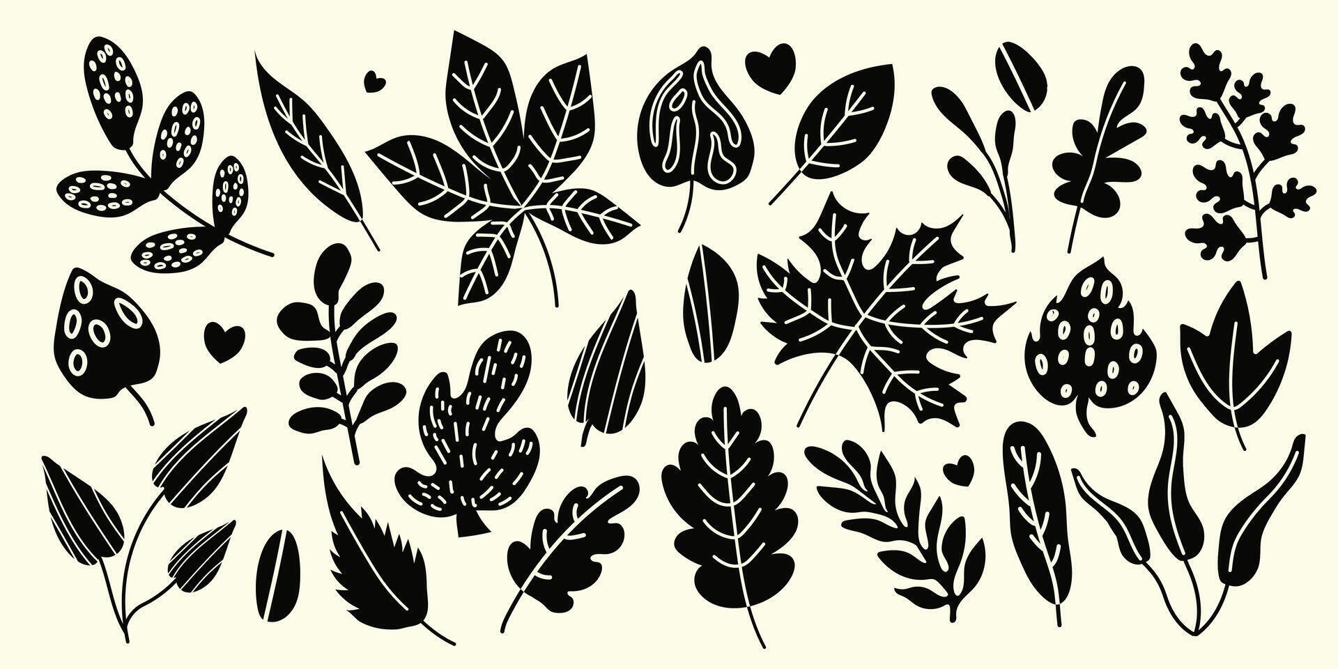 Set of autumn leaves. Black silhouette of leaves on a beige background. Autumn set of hand drawn cute design elements. Autumn season. vector