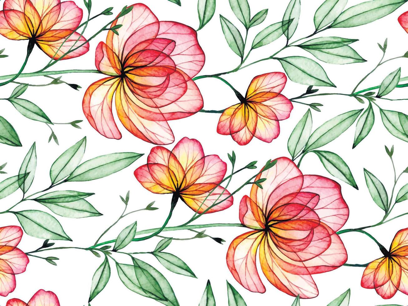 watercolor seamless pattern with transparent peony flowers. X-ray. delicate print with pink flowers vector