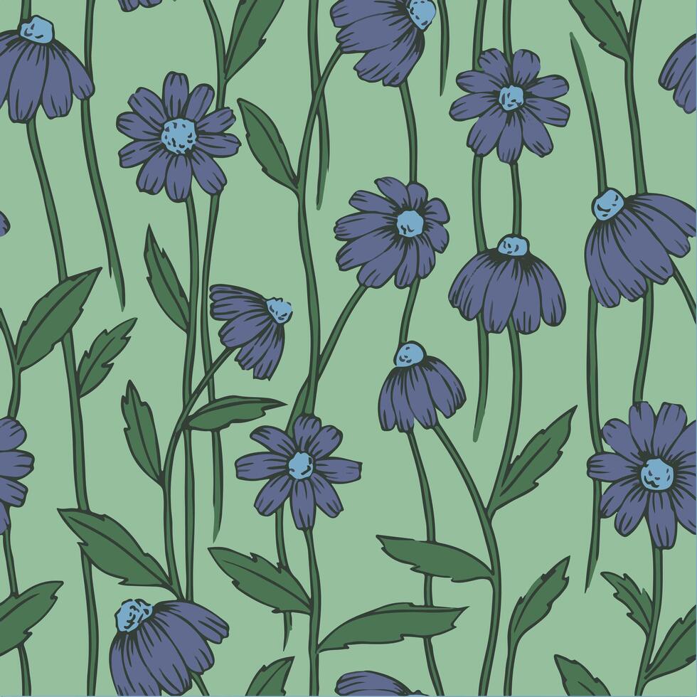 seamless pattern with daisies flowers on a blue background. vintage style print, 70s colors vector