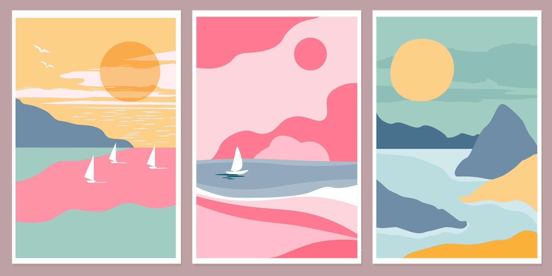 Set of abstract landscapes. Posters with the sea coast and boats against the backdrop of mountains and the sun. vector