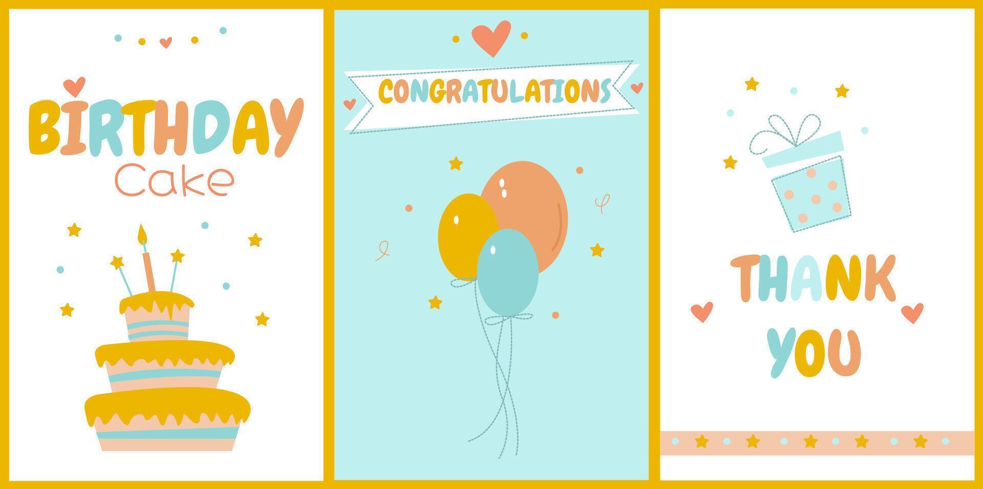 A festive set of colorful cards for a birthday party with different inscriptions, balloons and a birthday cake vector