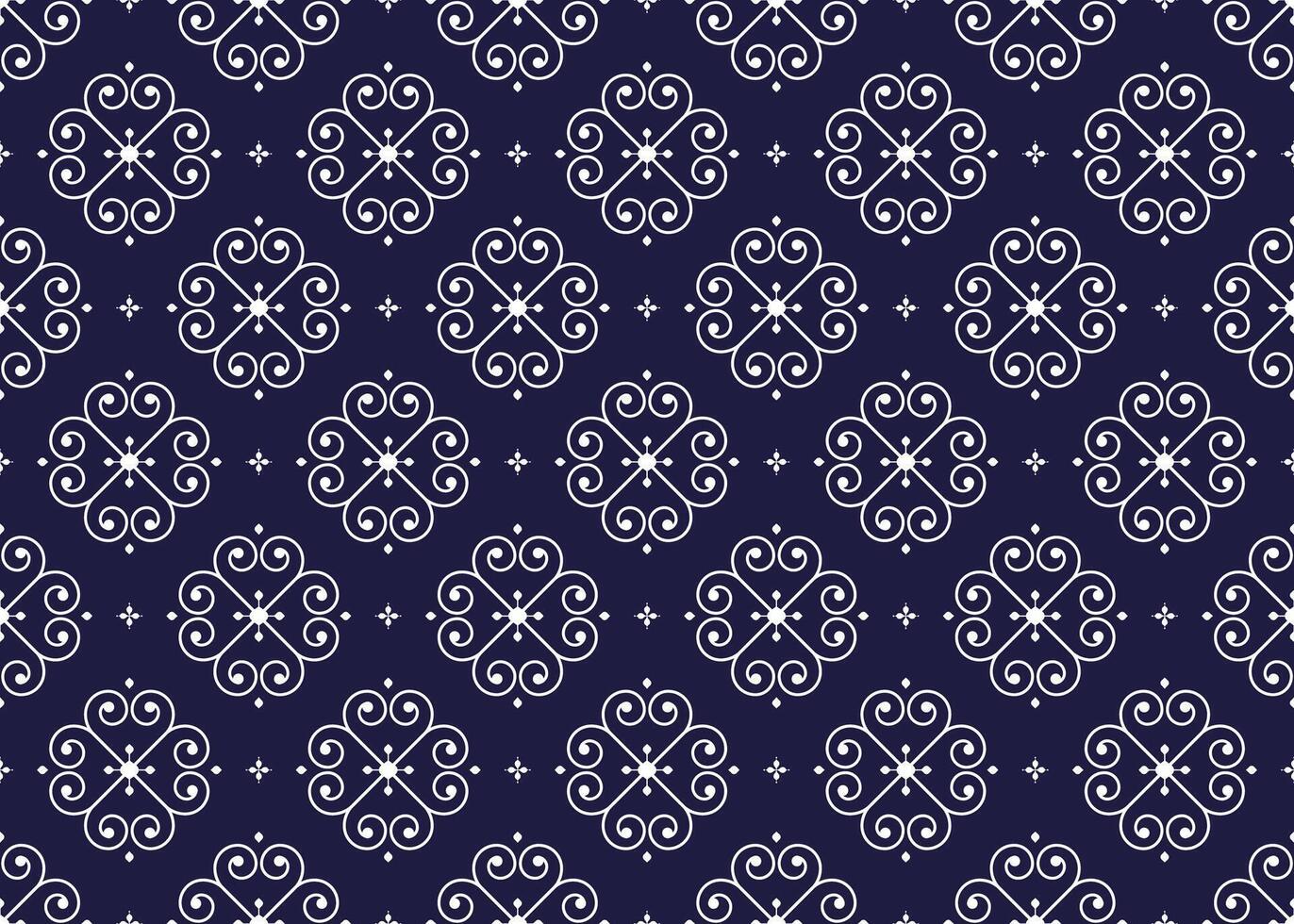 white geometric ethnic fabric seamless pattern on dark blue background, design for cloth, carpet, batik, wallpaper, wrapping etc. vector