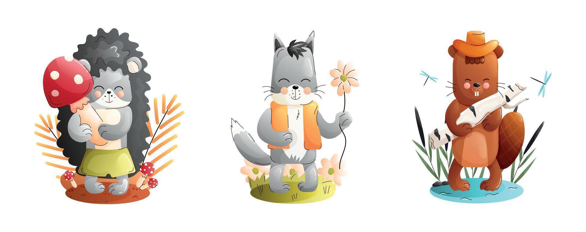 Chidren cute animal set. A hedgehog, a cat, and a bear are depicted in a vibrant forest setting, each participating in playful and joyful activities. vector