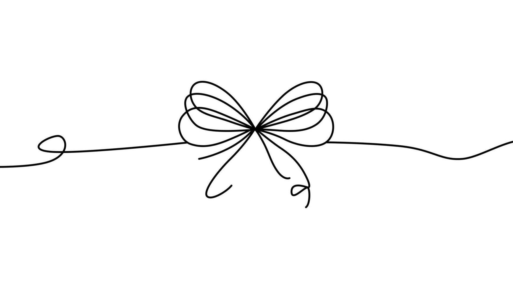 minimalist black line drawing of a bow tied in a continuous, flowing line art style. Perfect for use in graphic design, invitations, greeting cards, and various decorative purposes. Black ribbon vector
