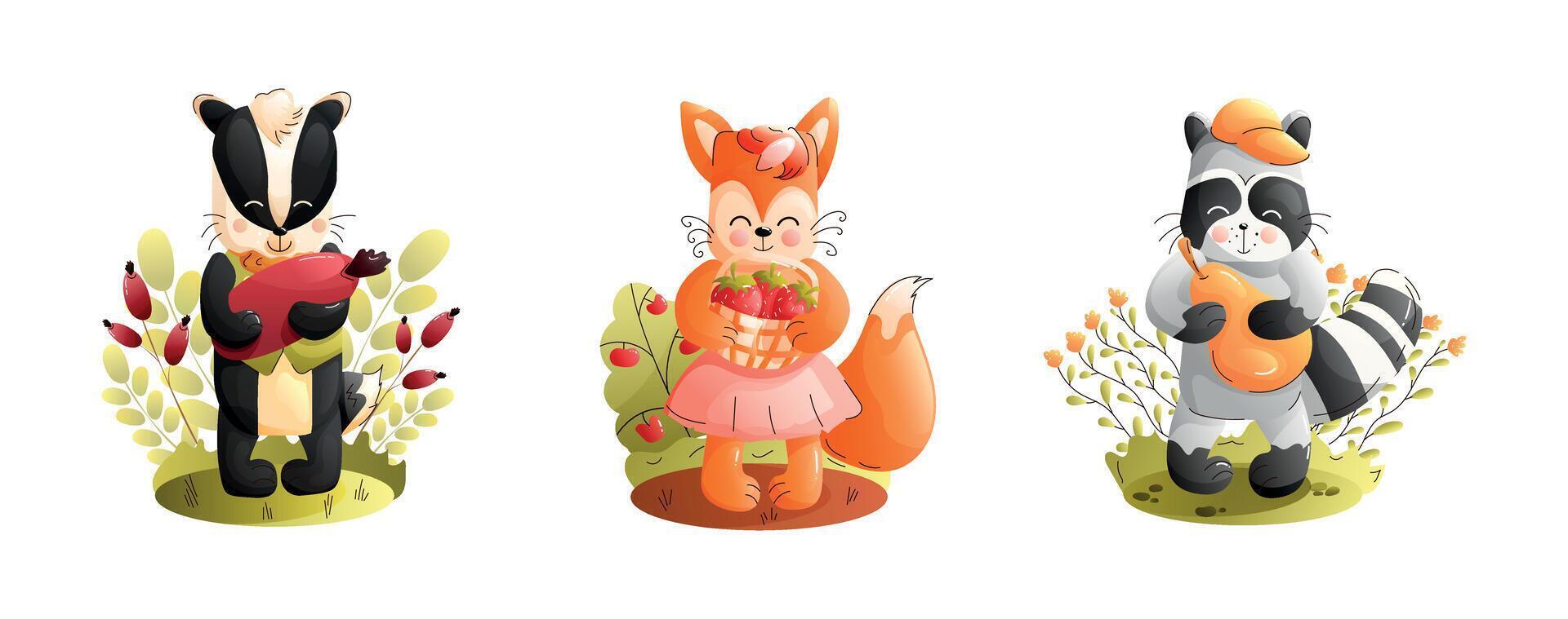 Chidren cute animal set. Adorable Cute Animal Figures Featuring a Badger, Fox, and Raccoon. vector