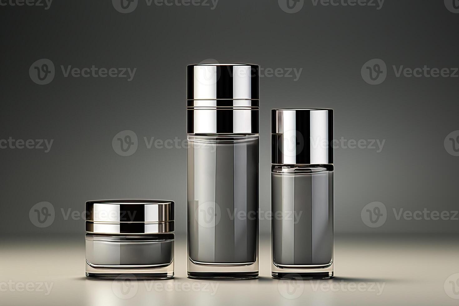 A set of different jars for cosmetics on a gray background, mockup for business cosmetology. photo