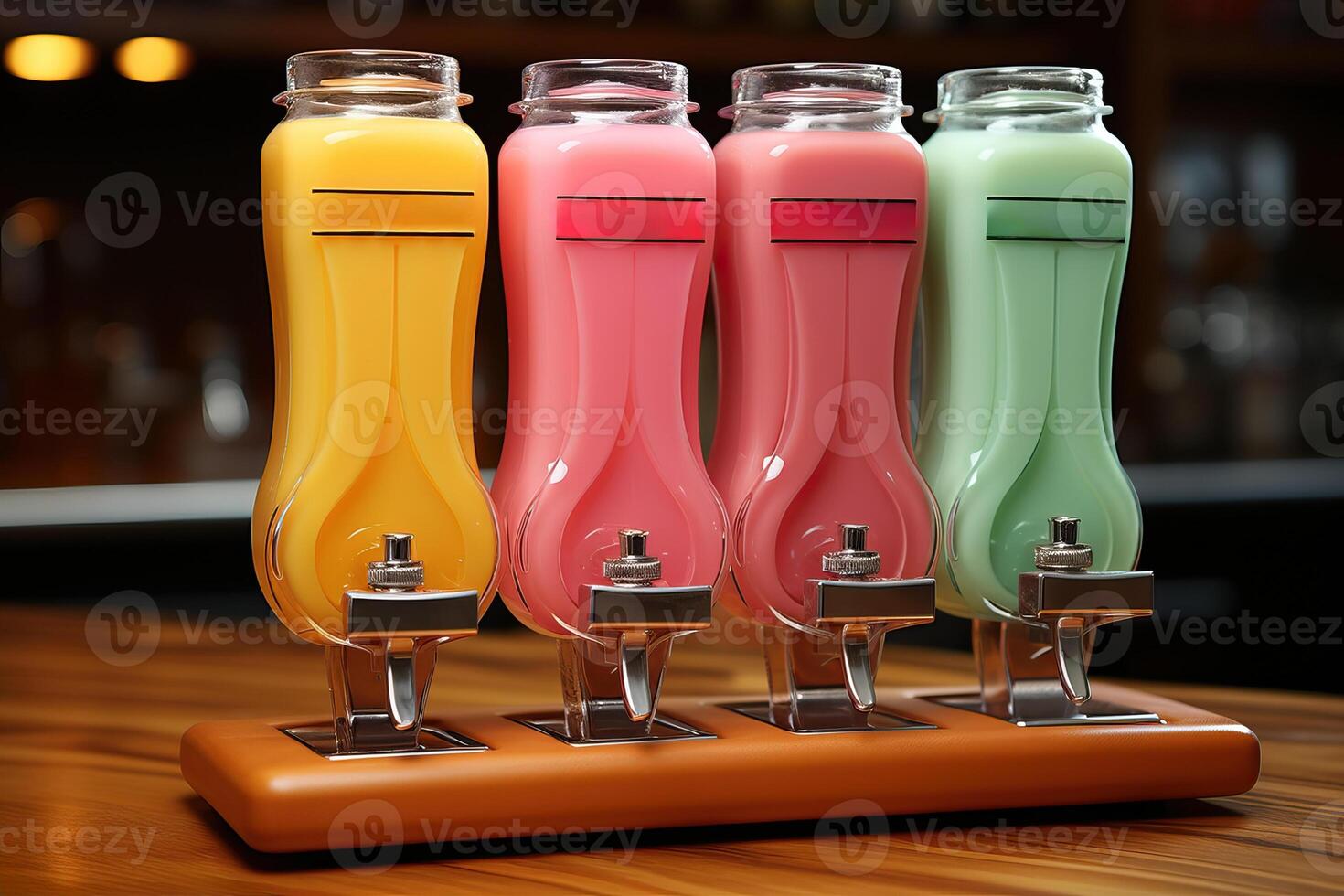 Multicolored containers at the bottom of which there is a faucet with juice supply photo
