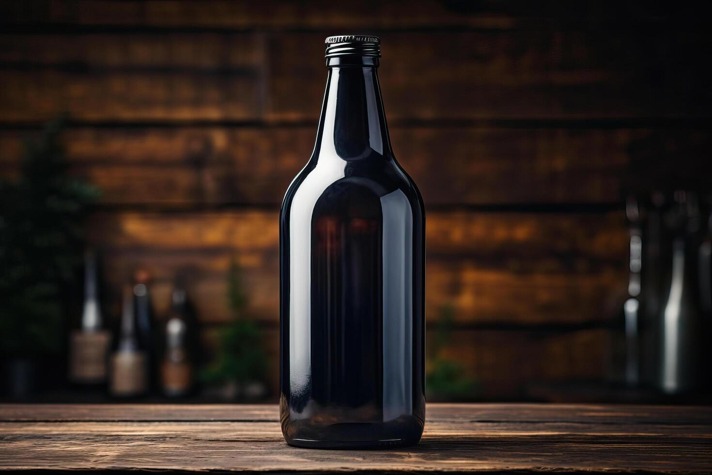 One bottle of dark beer is on the table. photo