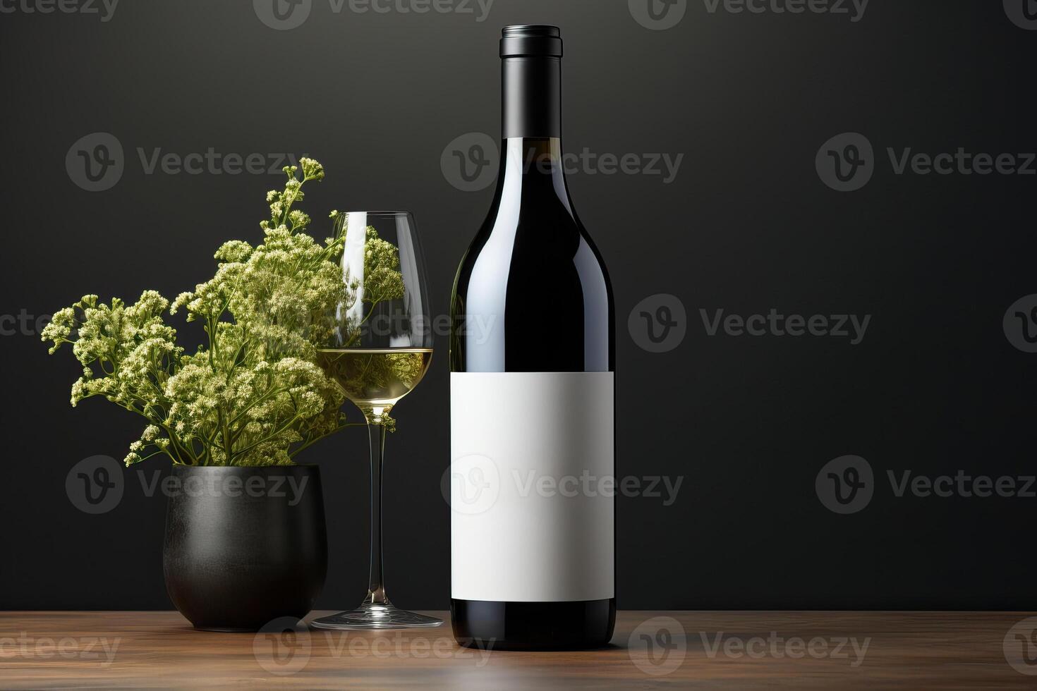 A bottle of wine with a white label on a black background. photo