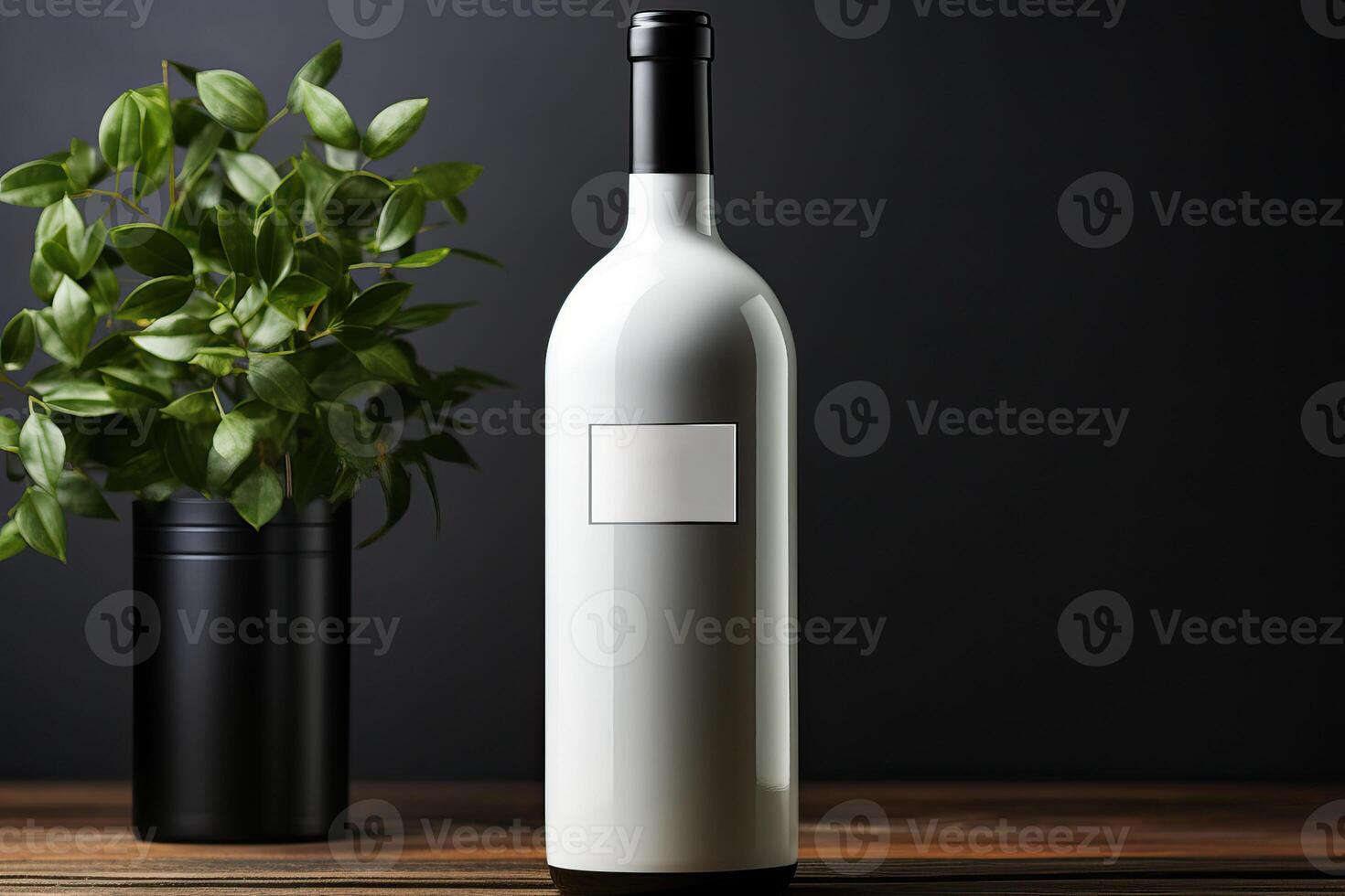 A bottle of wine with a white label on a black background. photo