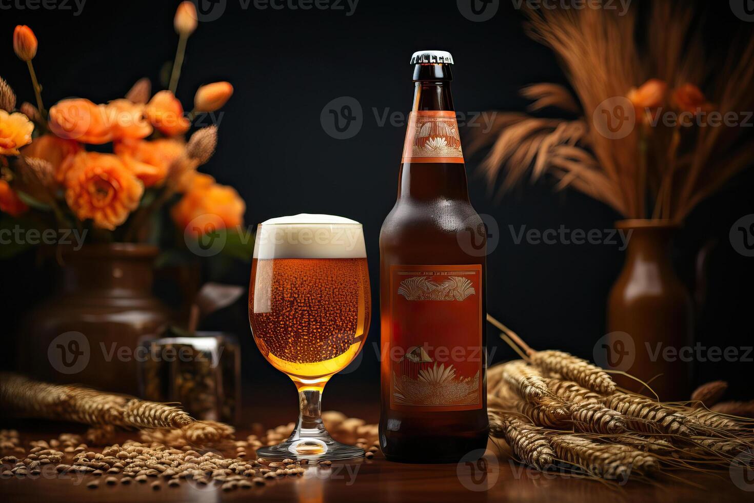 A full glass of foamy beer near a bottle of beer. photo
