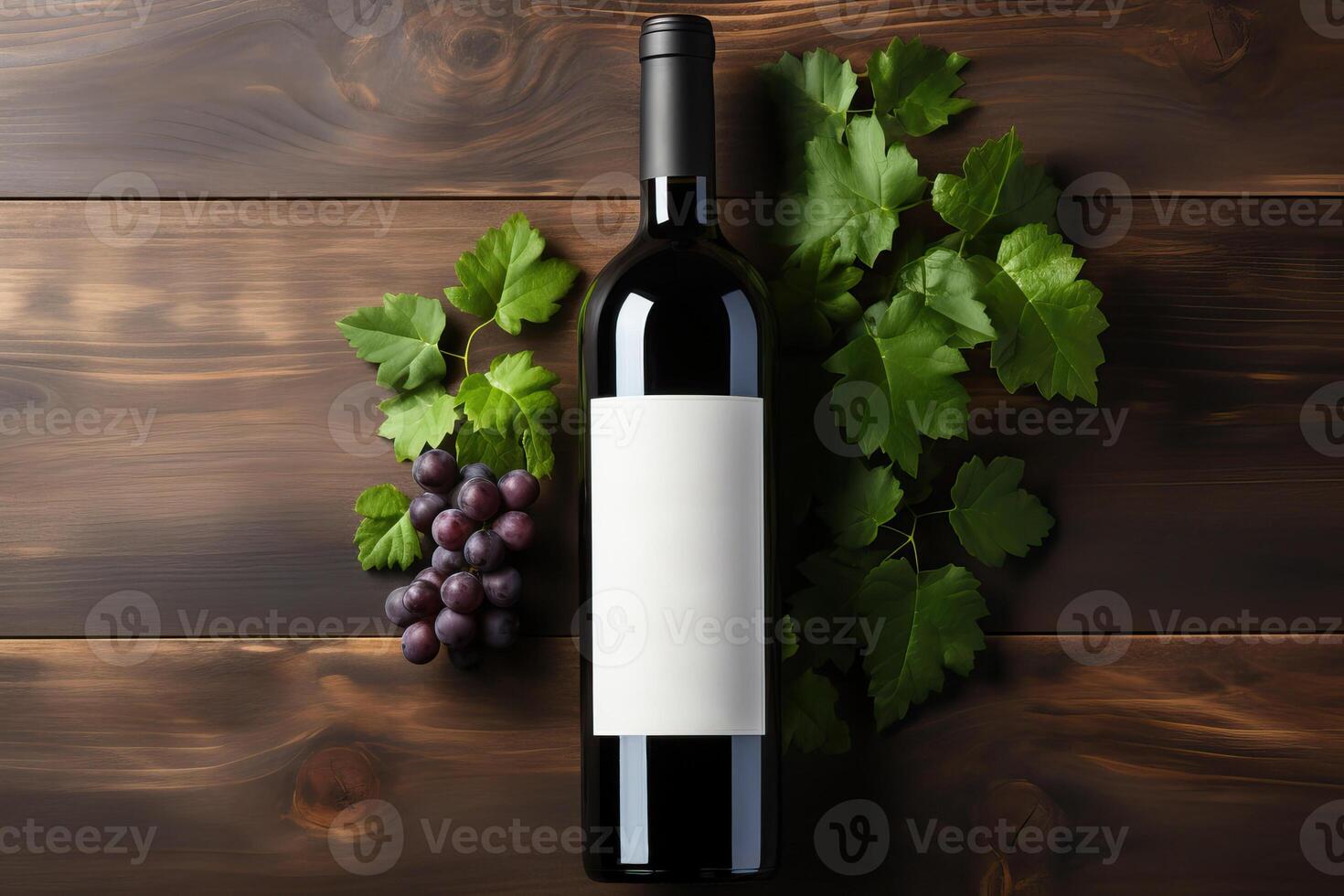 A bottle of wine with a white label on a black background. photo