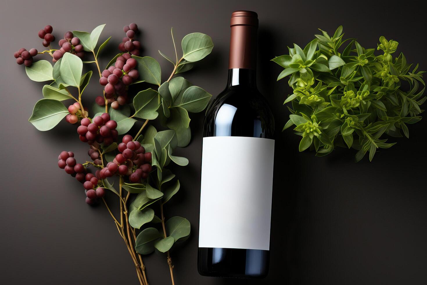 A bottle of wine with a white label on a black background. photo