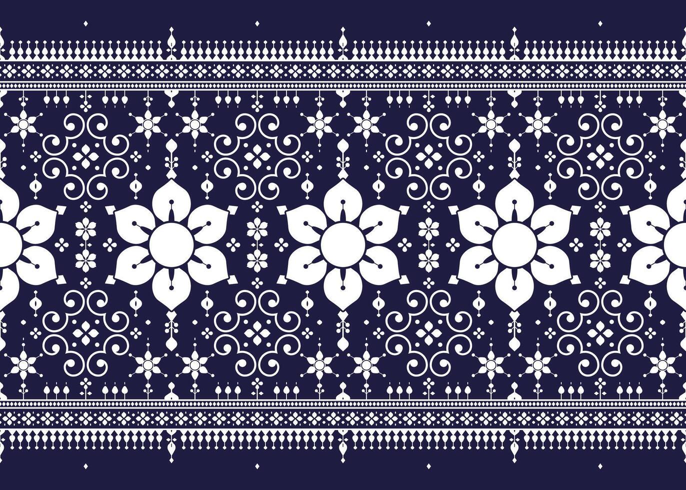 White geometric and floral ethnic fabric seamless pattern on dark blue background, design for cloth, carpet, batik, wallpaper, wrapping etc. vector