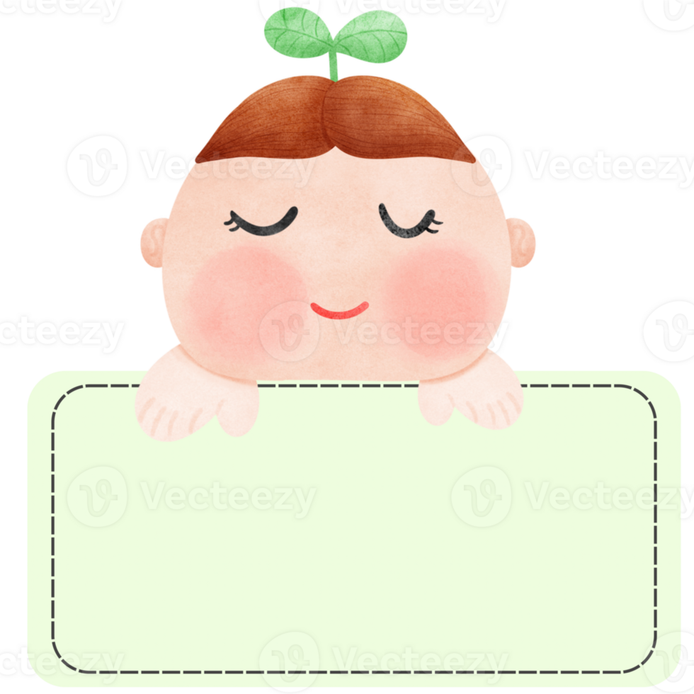A sign of a message, a sign with a boy, popping up in front of a face, peeking at a leaf on his head. png