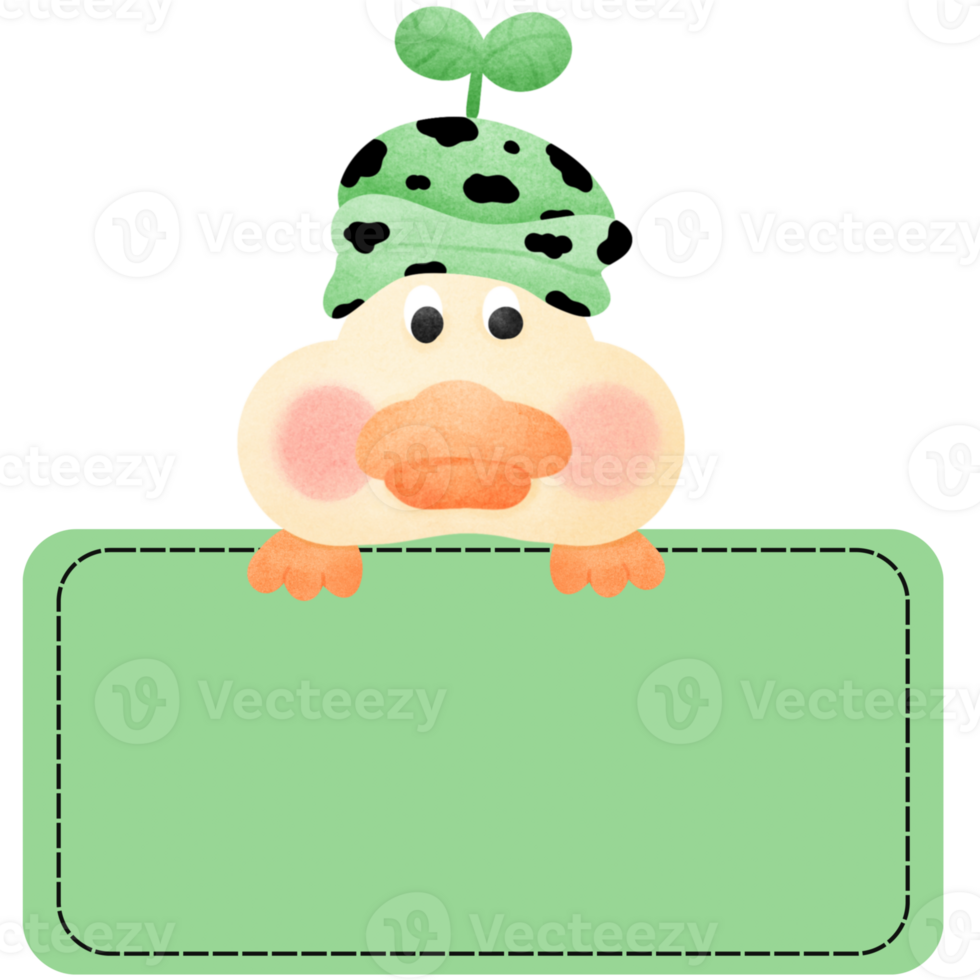 A message label, a name tag with a duck in a colored hat popping up in front of him, peeking at it. png