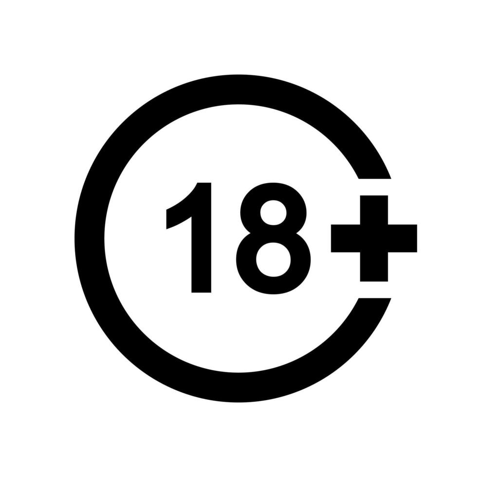 Eighteen plus icon. Number 18 in circle isolated on white background. Age censor symbol. Movie viewing or website visiting age limit label. Adult only concept. vector