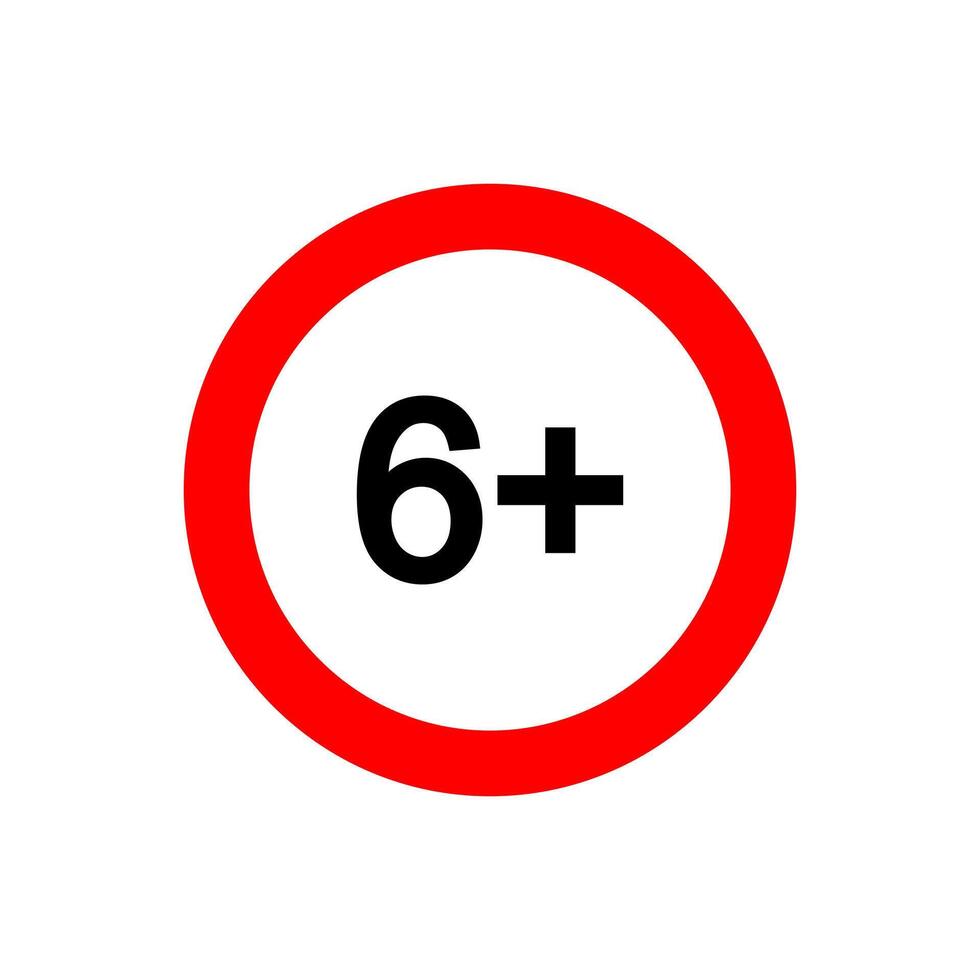 Six plus icon. Number 6 in red circle isolated on white background. Age censor symbol. Movie viewing age limit label. vector
