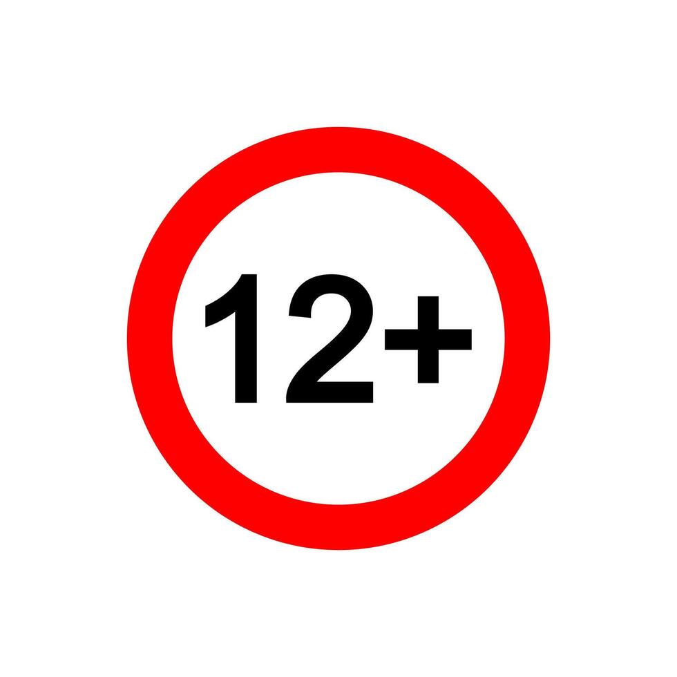 Twelve plus icon. Number 12 in red circle isolated on white background. Age censor symbol. Movie viewing age limit label vector