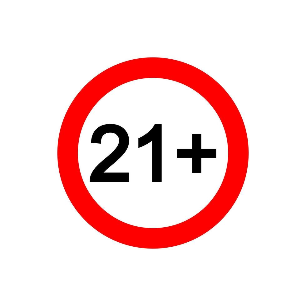 Twenty one plus icon. Number 21 in red circle isolated on white background. Age censor symbol. Movie viewing or website visiting age limit label. Adult only concept. vector