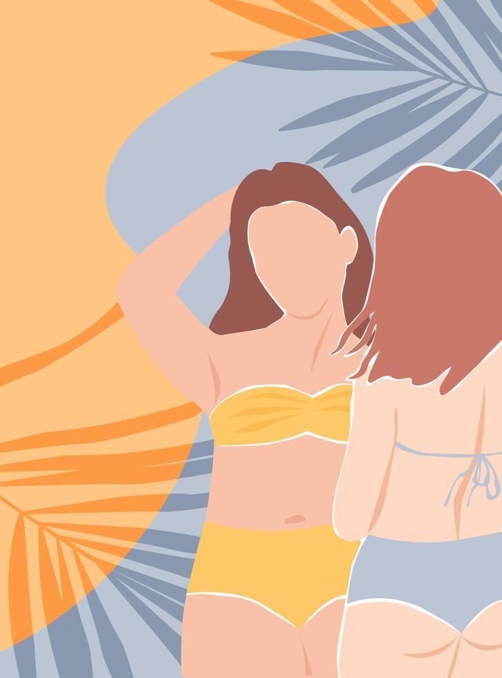 Abstract poster with girls in swimsuits against the background of the sea. Women on a beach holiday under the sun. vector