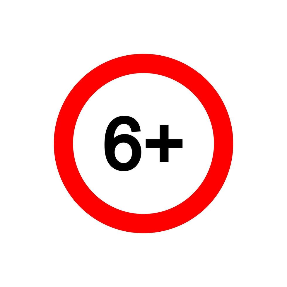 Six plus icon. Number 6 in red circle isolated on white background. Age censor symbol. Movie viewing age limit label. vector