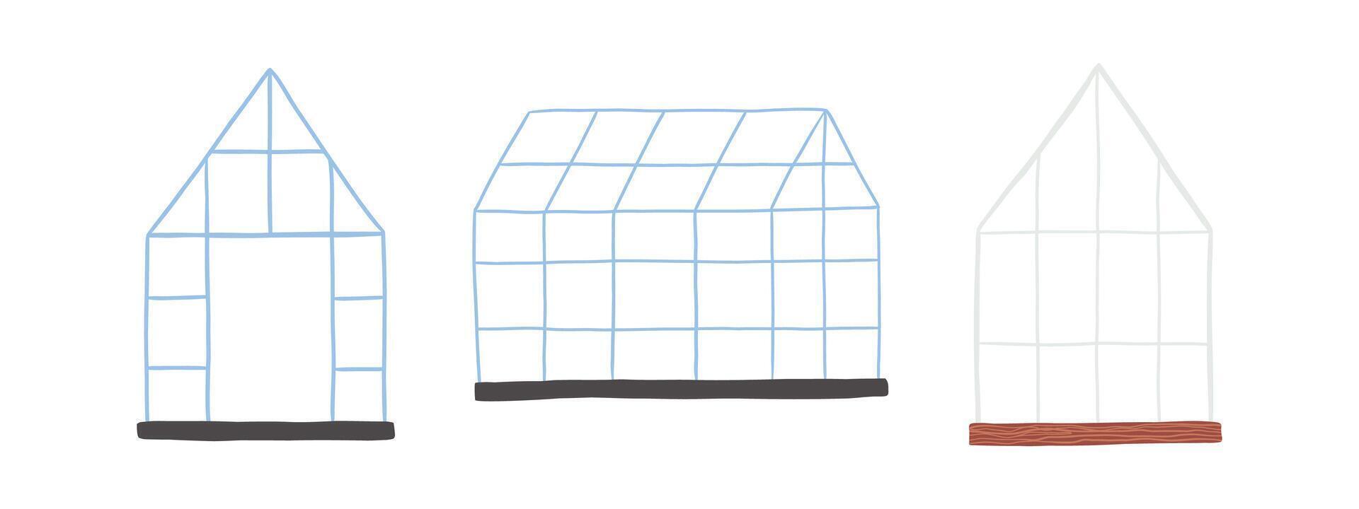 Set of hand drawn greenhouses in flat style. Garden, nature, plants. simple illustration. vector