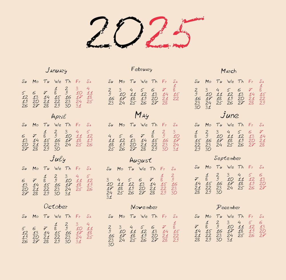 2025 calendar hand written for concept design. with highlighted weekends. template. Isolated illustration. vector