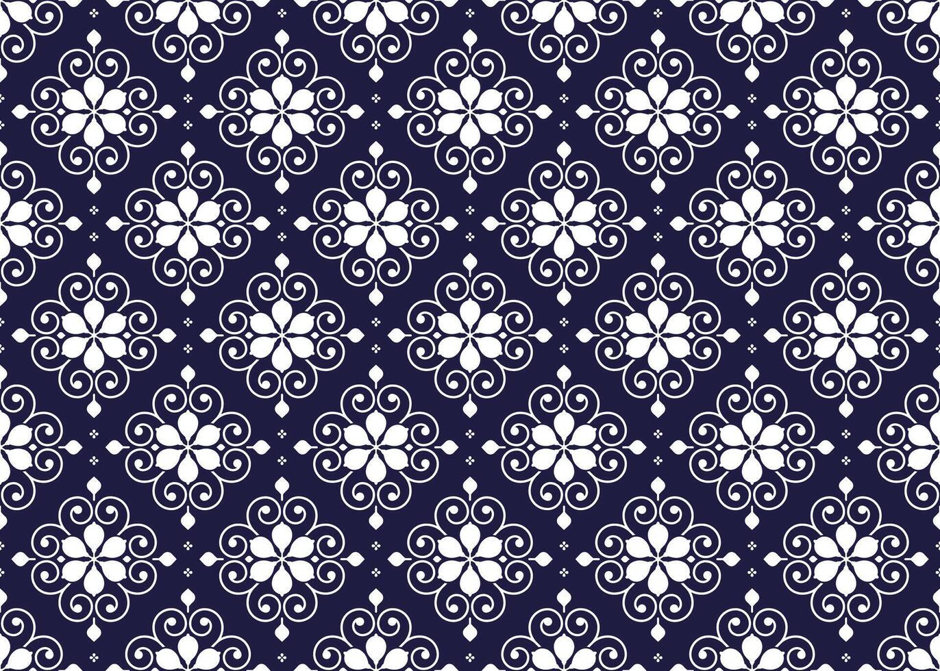 dark blue symbol floral on White background, ethnic fabric seamless pattern design for cloth, carpet, batik, wallpaper, wrapping etc. vector