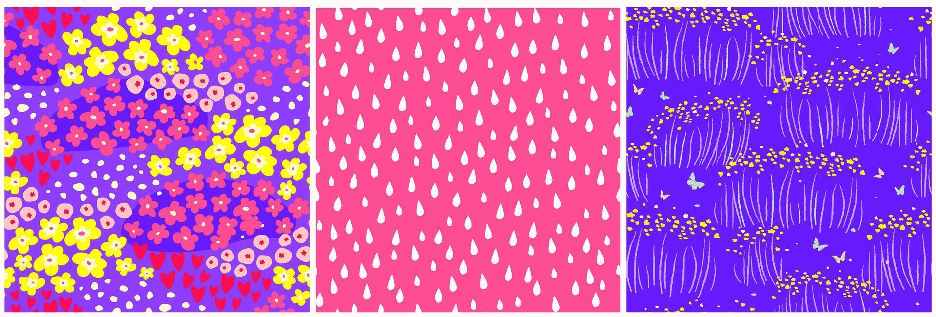 Set of seamless patterns with abstract simple different flowers in the meadow. Summer bloom print. vector