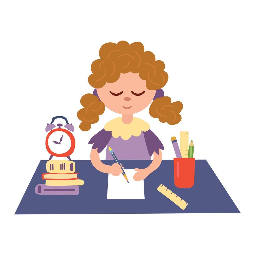 Daily routine. The child is engaged. Do homework vector