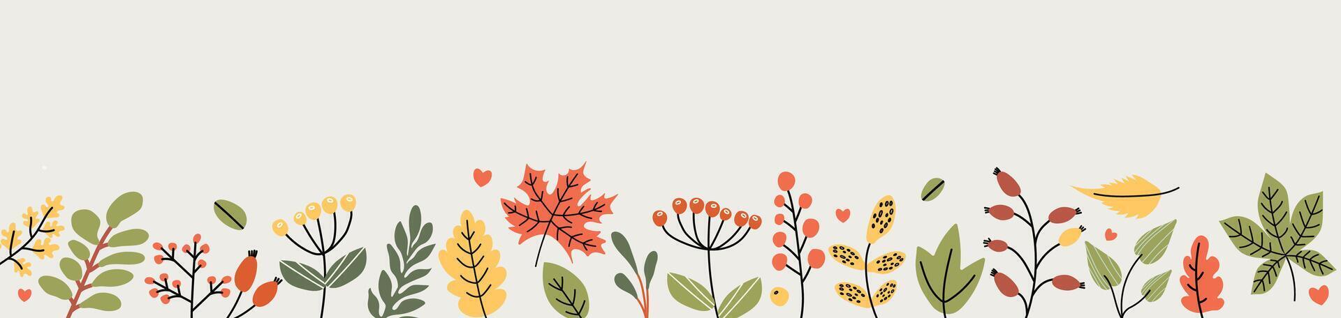 Autumn background with hand drawn cute colorful leaves. Fall horizontal banner. Thanksgiving and Harvest Day. Autumn leaf border. vector