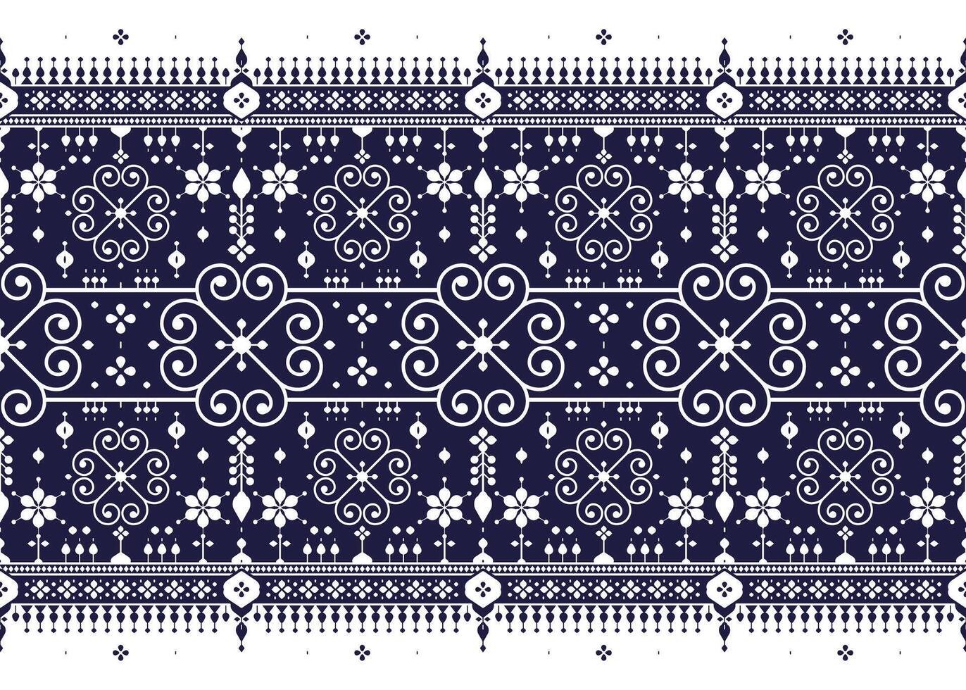 White geometric ethnic fabric seamless pattern on dark blue background, design for cloth, carpet, batik, wallpaper, wrapping etc. vector