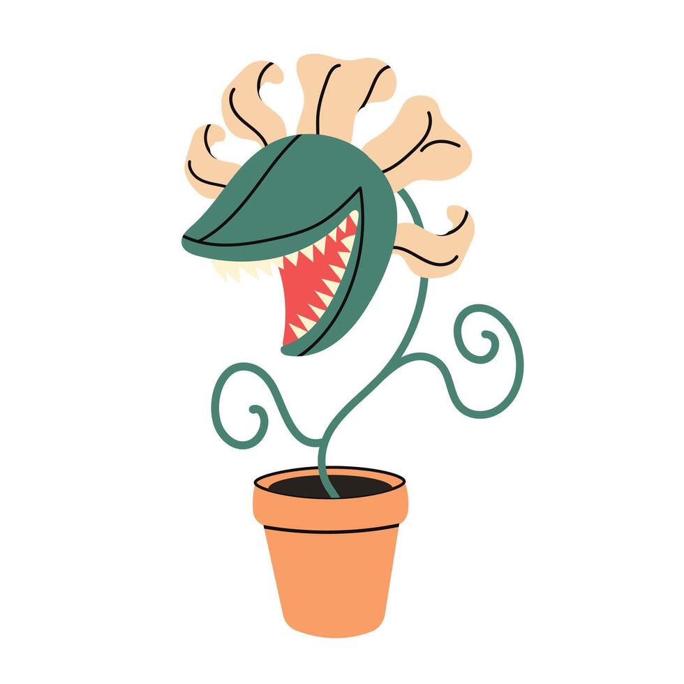 Hungry carnivorous plant in pot. Happy Halloween. Venus fly trap catches a fly. vector