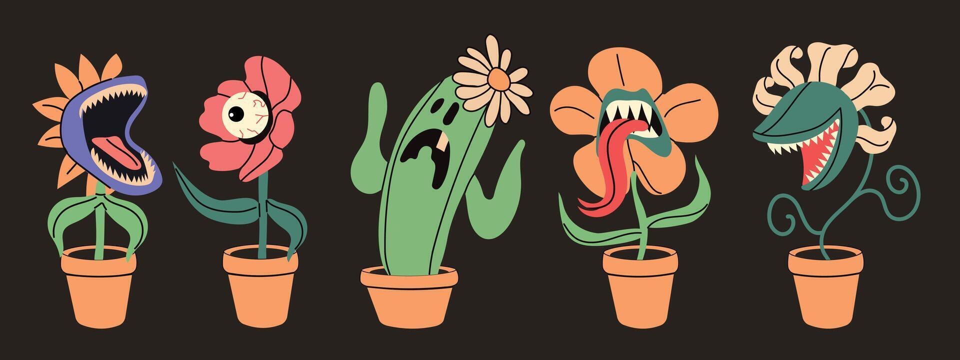 Set with monster plants. Carnivore fantastic flora with teeth, eyes, scary flowers, venomous predatory botanical characters, angry ugly creature. Flat isolated illustration on dark background. vector