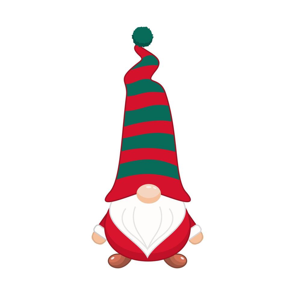 Christmas gnome in striped cap. Greeting new years character in red green hat covering his eyes with white beard as festive scandinavian symbol of wealth and prosperity vector