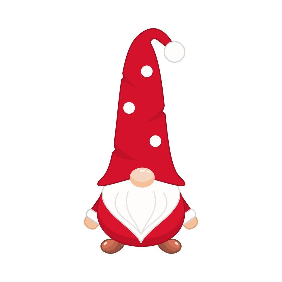 Christmas gnome in spotted long cap. Happy new years character in red hat covering his eyes with white beard as festive scandinavian symbol of wealth and prosperity vector