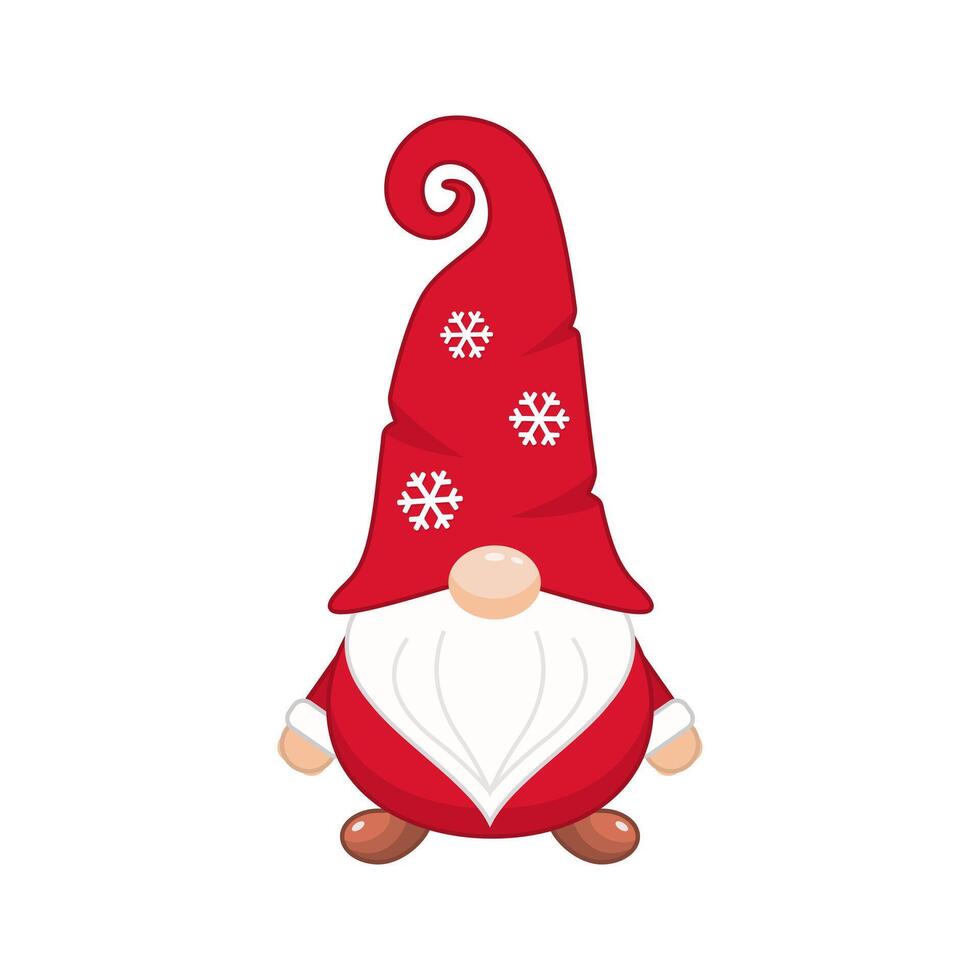 Christmas gnome in long cap with snowflakes. Festive new years character in red hat covering his eyes with white beard as festive scandinavian symbol of wealth and prosperity vector