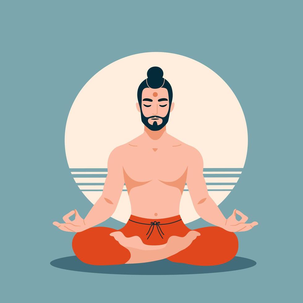 illustration of a man meditating in the lotus position with eyes closed. He has a topknot hairstyle, a beard, and is dressed in orange pants. Muslim man with beard in lotus position. vector