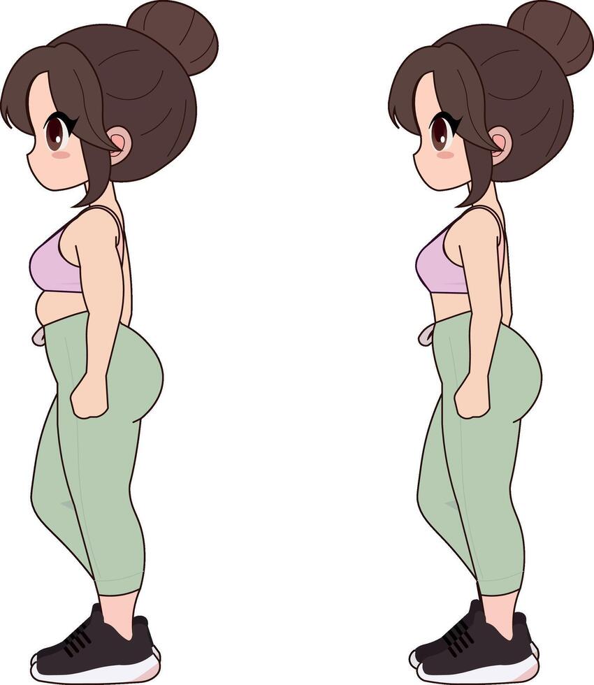 Cute girl in gym clothes, in two poses, fat and thin, before and after vector