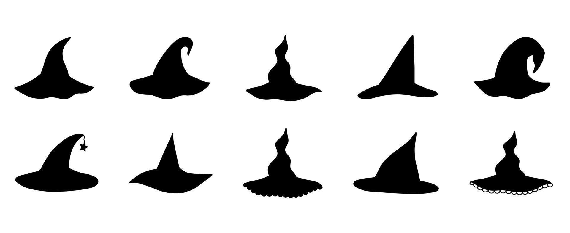 Collection hand drawn witch hat silhouettes. Doodle icons of witch hats for Halloween and Christmas. vector