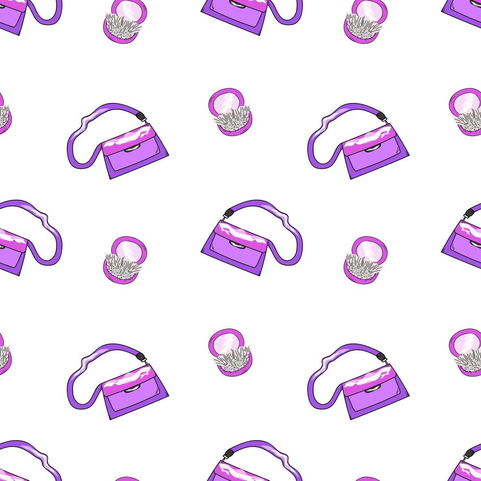 Bright seamless pattern of women's handbag and comb. Hair brush, brush, comb. Hand drawn, doodle style vector