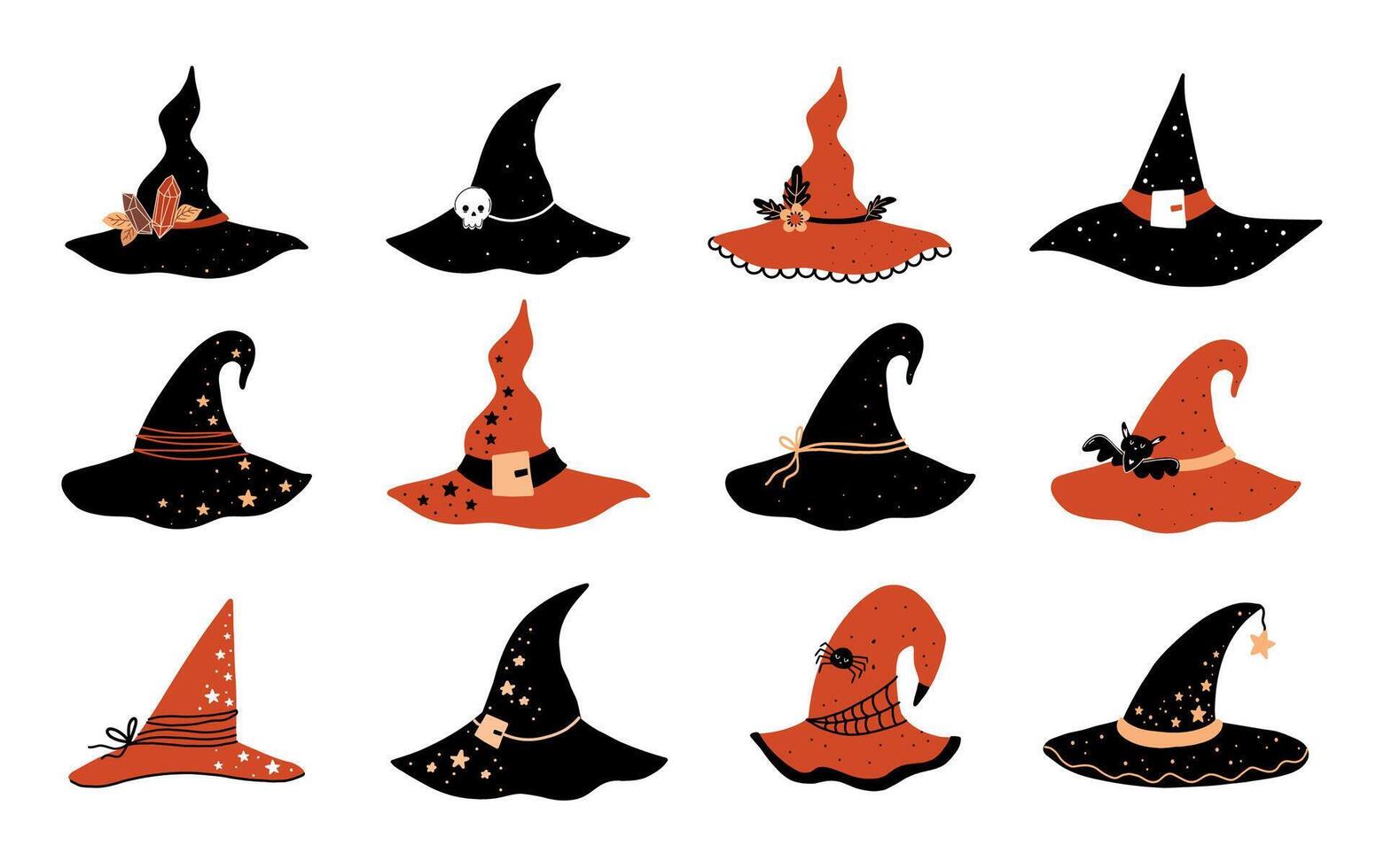 Cute big collection of hand drawn witch hats. Magic set of hats for a Halloween cartoon party. Illustration isolated on white background. vector