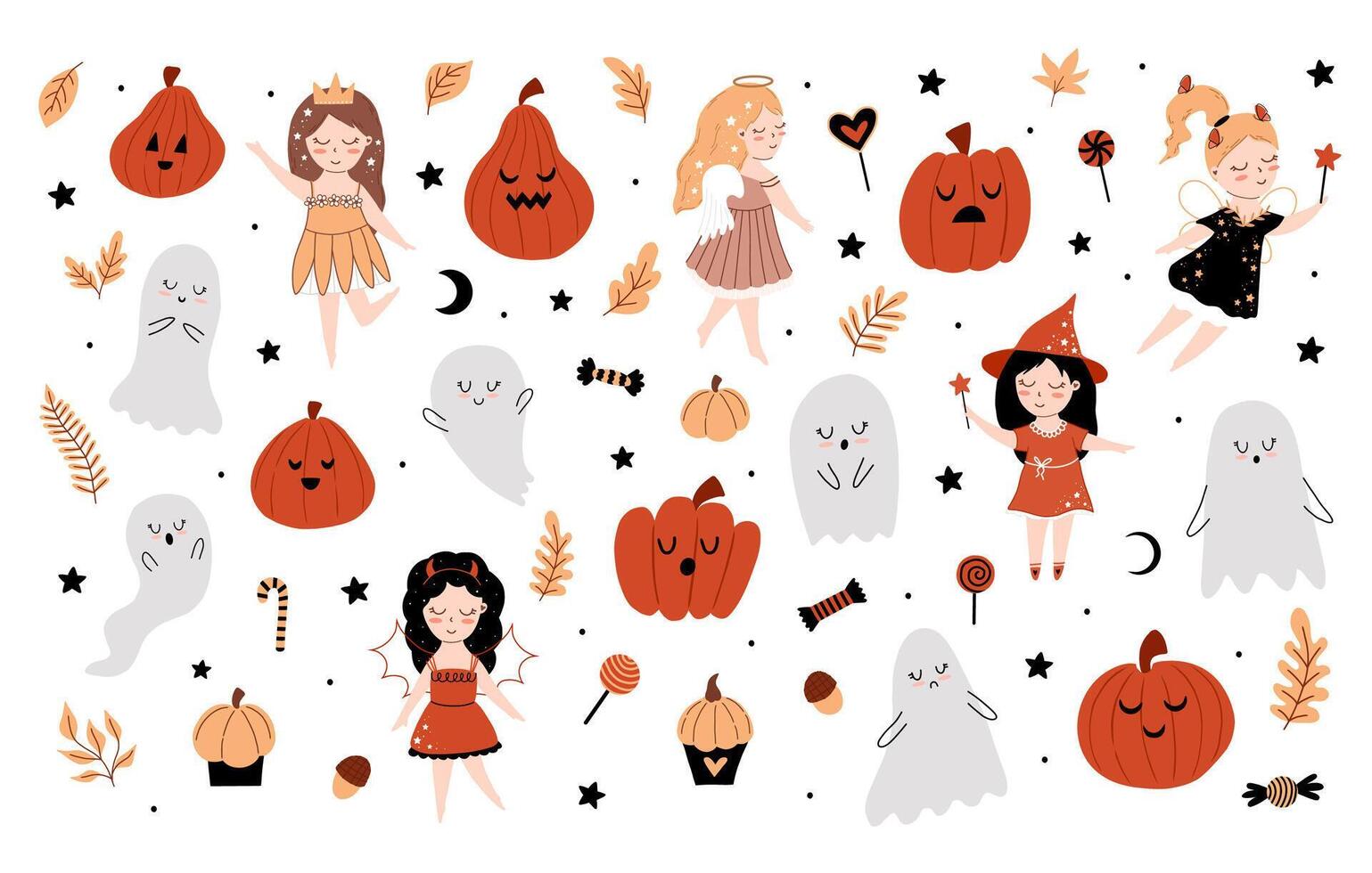 Big cute halloween collection. Magic baby set with fairy, pumpkin, ghost, witch, candle, skull, web, potion, elixir, candy, spider, star, cauldron. Isolated on white background vector
