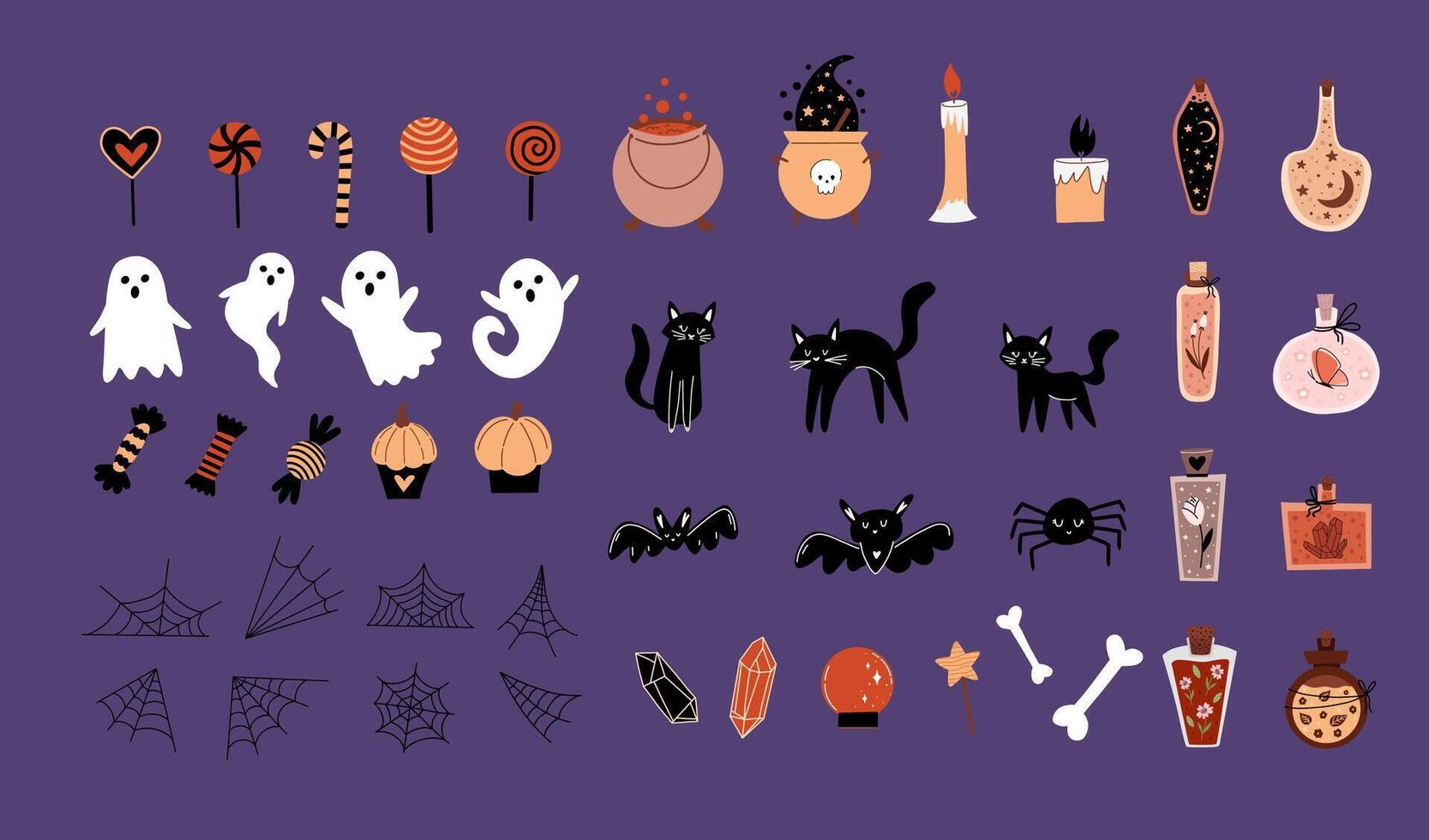 Big cute collection with halloween elements. Magic hand drawn illustration with ghosts, candies, lollipops and different potions. vector