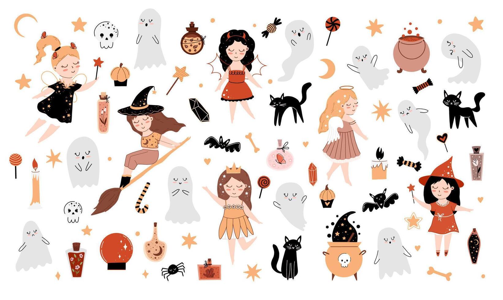 Big cute halloween collection. Magic baby set with fairy, pumpkin, ghost, witch, candle, skull, web, potion, elixir, candy, spider, star, cauldron. Isolated on white background vector